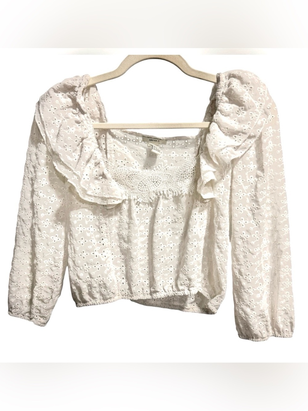 Forever 21 White Eyelet Ruffle Square-Neck Crop Top Size S Ren Faire Cottagecore